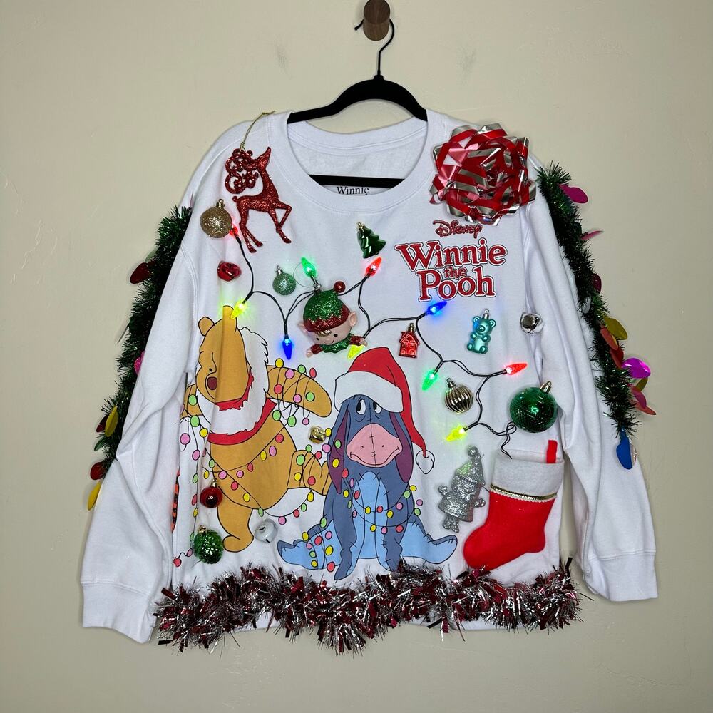 Ugly Christmas Sweater Winnie the Pooh LIGHTS UP Tinsel Xmas Party Winner Large